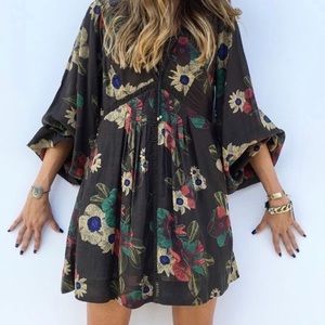 Free People Floral Long Sleeve Dress - Black, Red, Green, Blue